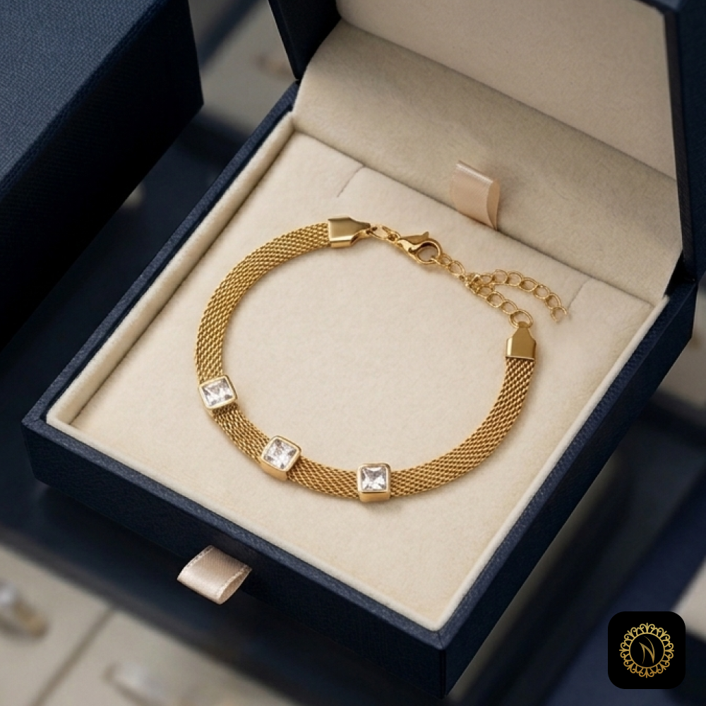 Elegant Gold Mesh Square Crystal Bracelet