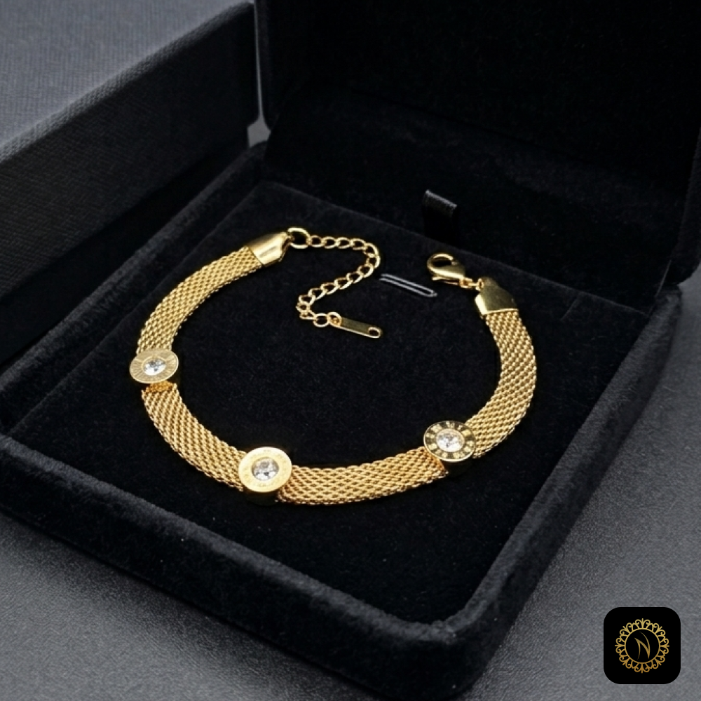 Luxury Gold Mesh Bracelet with Roman Numeral Crystal Medallions