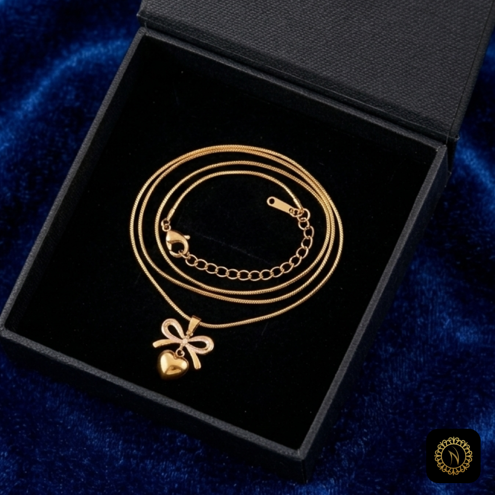 Dainty Gold Bow and Puff Heart Pendant Necklace