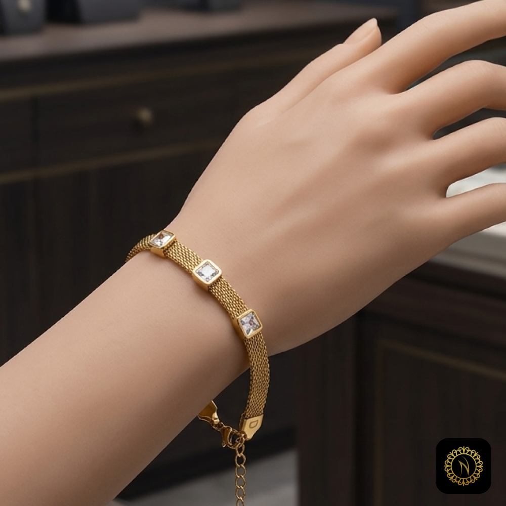 Elegant Gold Mesh Square Crystal Bracelet