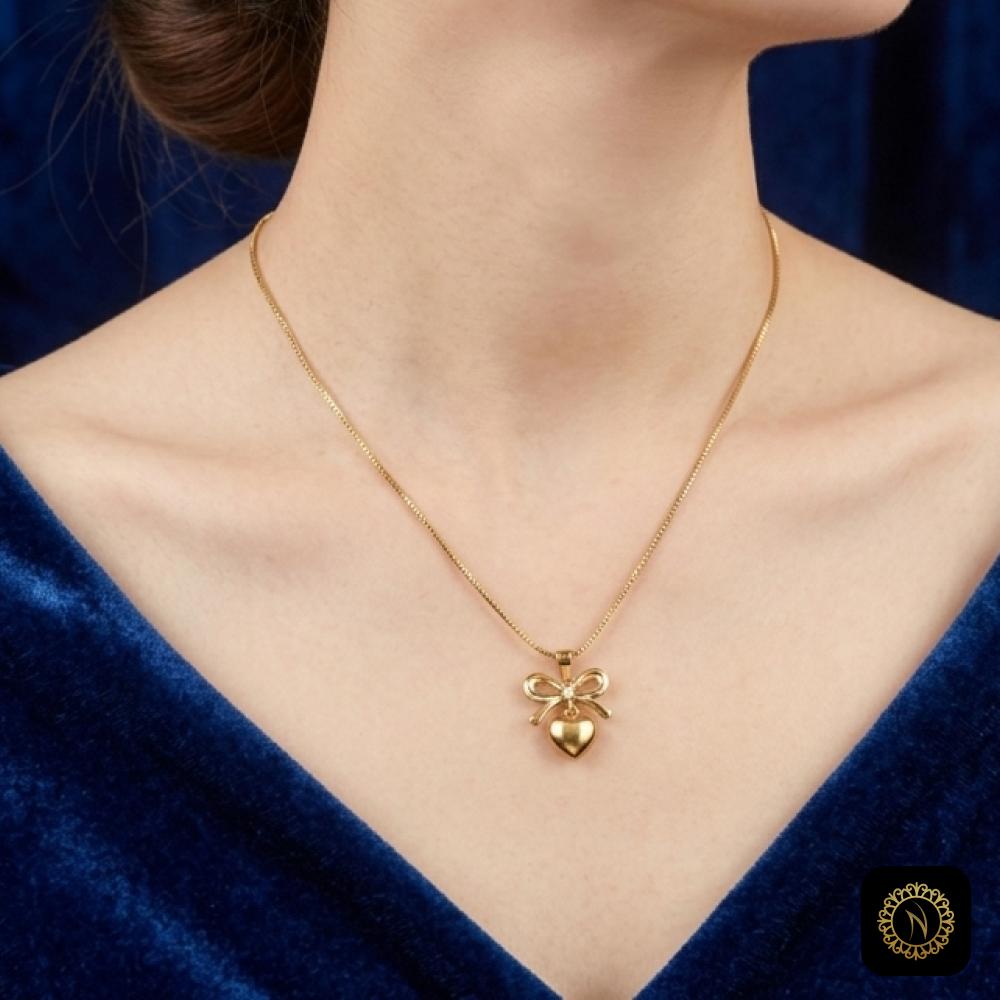 Dainty Gold Bow and Puff Heart Pendant Necklace