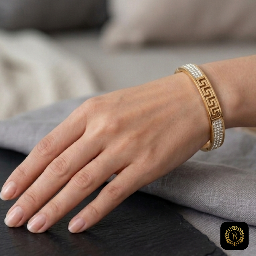 Greek Gold Bangle Bracelet with Pave Crystal