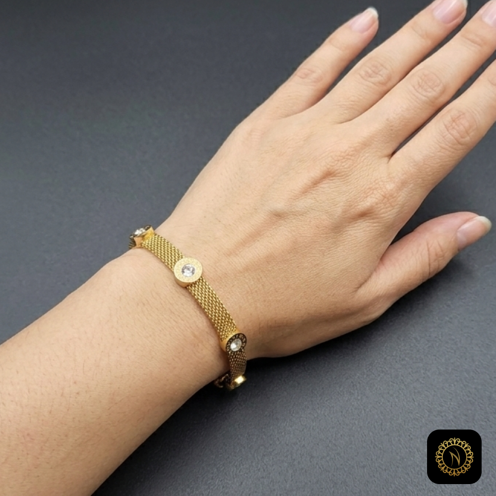 Luxury Gold Mesh Bracelet with Roman Numeral Crystal Medallions